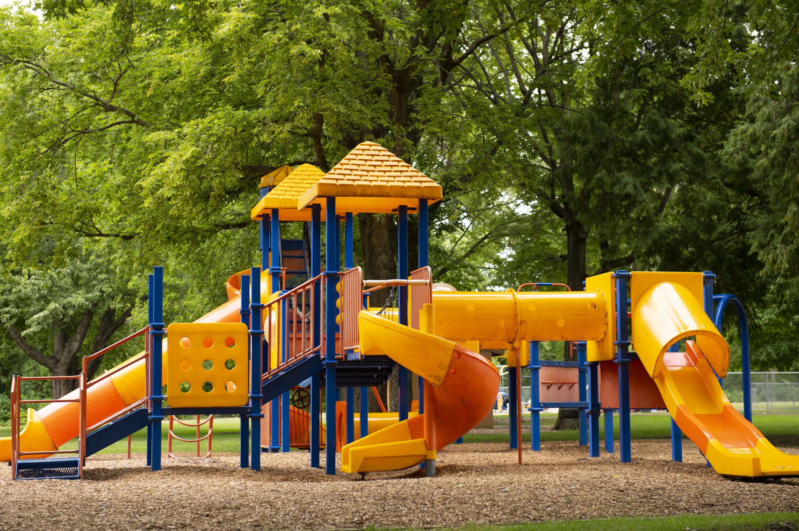 riverside park with outdoor kids climbing frame